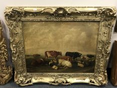 Belgian School : Cattle and sheep on moorland, oil on canvas, 94 cm x 70 cm,