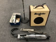 A vintage Danelectro amplifier 'Nifty Seventy', together with music stands,