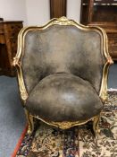 A Louis XV style gilded salon chair, width 81 cm.