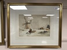 John Atkinson (1863-1924) A man on horseback herding sheep in a winter setting, watercolour, signed,