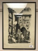 Continental School : Villa in a town square, watercolour, 34 cm x 49 cm, indistinctly signed,