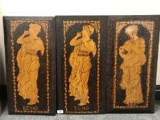 Three Arts and Crafts poker work panels - Echo, Hyceia and Echo, 30 cm x 61 cm.