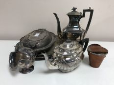 A tray of silver plated trays, breakfast dish, stirrup cups, plated teapot etc.