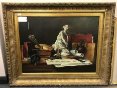 Continental School : A Gentleman's library still life, oil on canvas, 100 cm x 75 cm, framed.