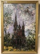 Twentieth century school : A Cathedral exterior, oil on board, 50 cm x 74.5 cm, framed.
