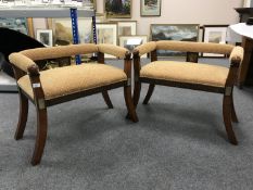 A pair of late Victorian window seats, upholstered in fleur de lis two tone fabric,