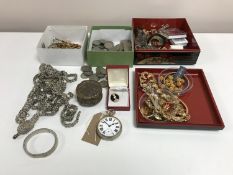 A tray of costume jewellery, eight day pocket watch, one shilling coins etc.
