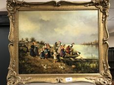 Continental school : Unloading the day's catch, oil board, 49 cm x 39 cm, indistinctly signed,