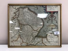 An 18th century hand coloured map - Lincoln, 37 cm x 30 cm.