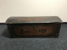 An antique painted continental dome-topped shipping chest, with painted design dated 1760,