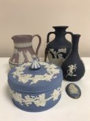 Five items of of Wedgwood Jasper Ware to include lidded powder bowl,