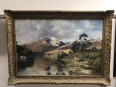 John Trickett : Fly fishing in a shallow river with mountains beyond, oil on canvas, 90 cm x 59 cm,