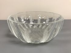 A Lalique crystal fruit bowl, decorated with vertical sheaves of corn, diameter 21.