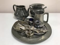 A collection of 19th century and later metal ware including pewter charger, silver mustard pot,
