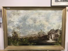 Twentieth century school : The study of a watermill, oil on board, 59 cm x 89 cm, framed.