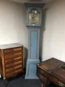 A continental painted long cased clock with brass and silvered dial, the dial dated 1780,