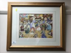 Harry Rowntree : The Rabbits tea party, watercolour, signed, 34 cm x 25 cm, framed.