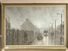 Twentieth century school : A busy street at dusk, oil on board, 90 cm x 59 cm, indistinctly signed,