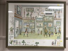 Guillermo Silva Santamaria : Abstract figures in a room, hand coloured print, signed, framed.