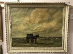 Early 20th century Dutch school : A horse and cart on a sandy beach with figure beyond,