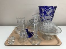 A collection of crystal, cobalt blue overlay vase etc.