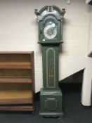 An antique painted long cased clock with silvered dial,