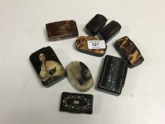A collection of nine 19th century snuff boxes including examples in tortoiseshell, horn,