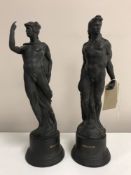 Two black Wedgwood figures on socle bases - Hercules and Mercury,