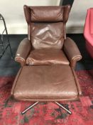 A mid twentieth century Scandinavian brown leather relaxer chair and stool.