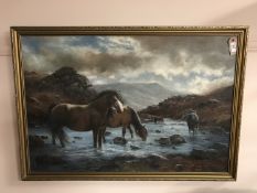 John Trickett : Highland ponies watering, oil on canvas, 90 cm x 60 cm, signed, framed.