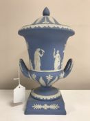 A Wedgwood Jasper Ware twin handled urn with cover, height 31 cm.
