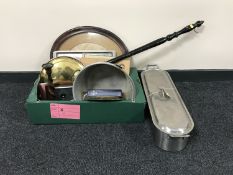 A box of jam pan, copper and brass bed warming pan, oak barometer, barley twist candlesticks,