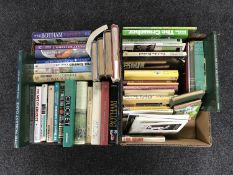 Two boxes of hard back and paper back books relating to cricket