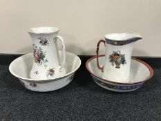 Two early 20th century toilet jugs and wash basins