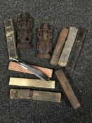 A box of cut throat razors, vintage spirit level,