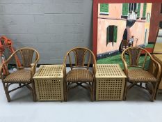 Three wicker and bamboo armchairs,