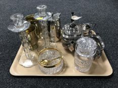 A tray of plated tea service, plated coffee pot, pair of brass tankards,