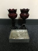 A pair of red glass lustre's with drops