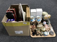 A box and tray of assorted china, Italian pottery charger, two model trains on wooden plinths,