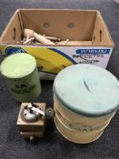 A box of kitchen ware - rolling pins, cake tins,
