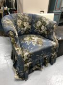 A late 19th century salon chair upholstered in floral fabric, width 80 cm.