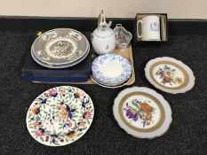 A tray of assorted plates, Limoges plate, commemorative plates and tankard,