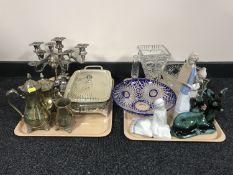 Two trays of plated ware, glass ware, Spanish figures,
