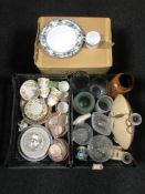 Two crates of assorted table lamps, glass ware, vases,