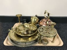 A box of assorted brass ware, candlesticks, trivets, plates etc,