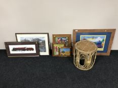 A set of three bamboo graduated tables, three pine framed pictures of Cuba,