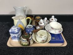 A tray of Lossal Burslem hand painted jug, Wedgwood jasper ware, Bunnykins, Royal Albert salts,