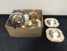 Two pieces of carnival glass, champagne bucket, blue and white tea service,