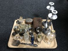 A tray of perfume bottles, pewter candlesticks, plated ware, hardwood trinket box,