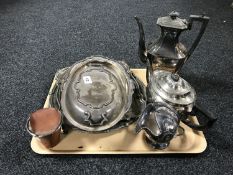 A tray of silver plated trays, breakfast dish, stirrup cups, plated teapot etc.